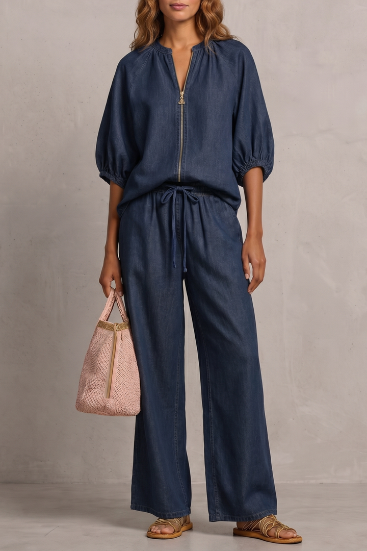 Women's Zip-Front Puff Sleeve Top and Trouser Co-ord Set - Emberlise