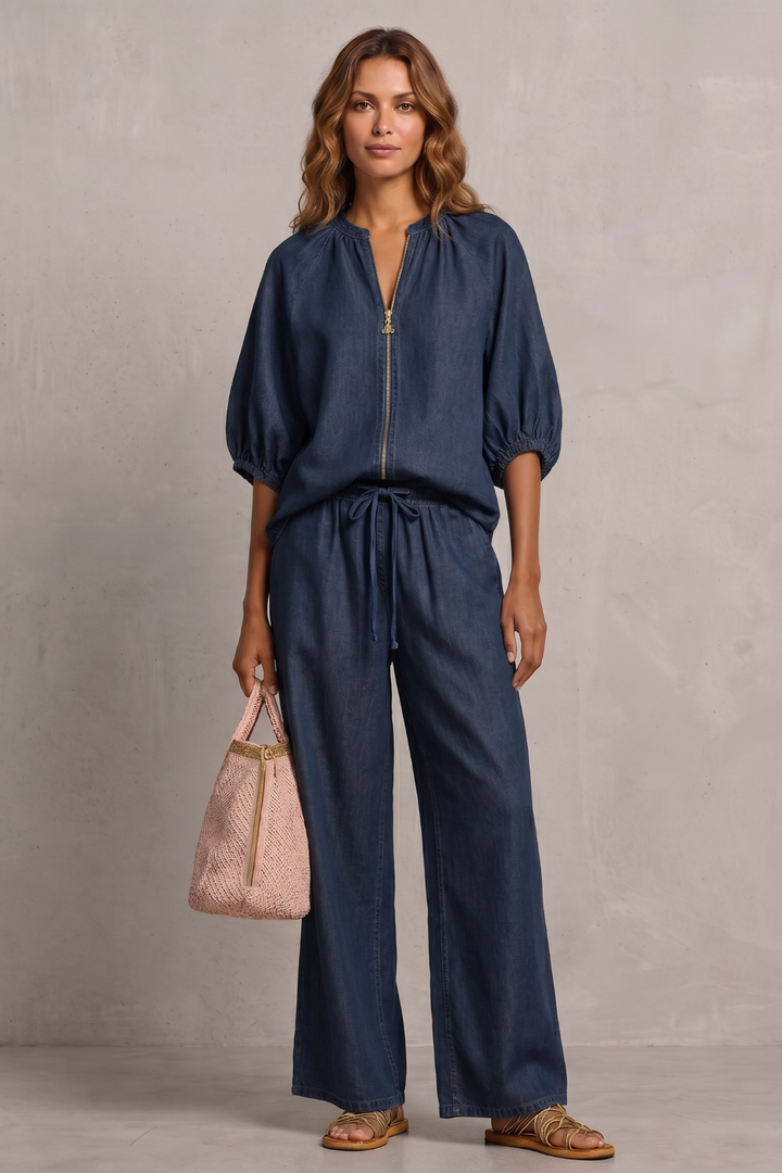 Women's Zip-Front Puff Sleeve Top and Trouser Co-ord Set - Emberlise