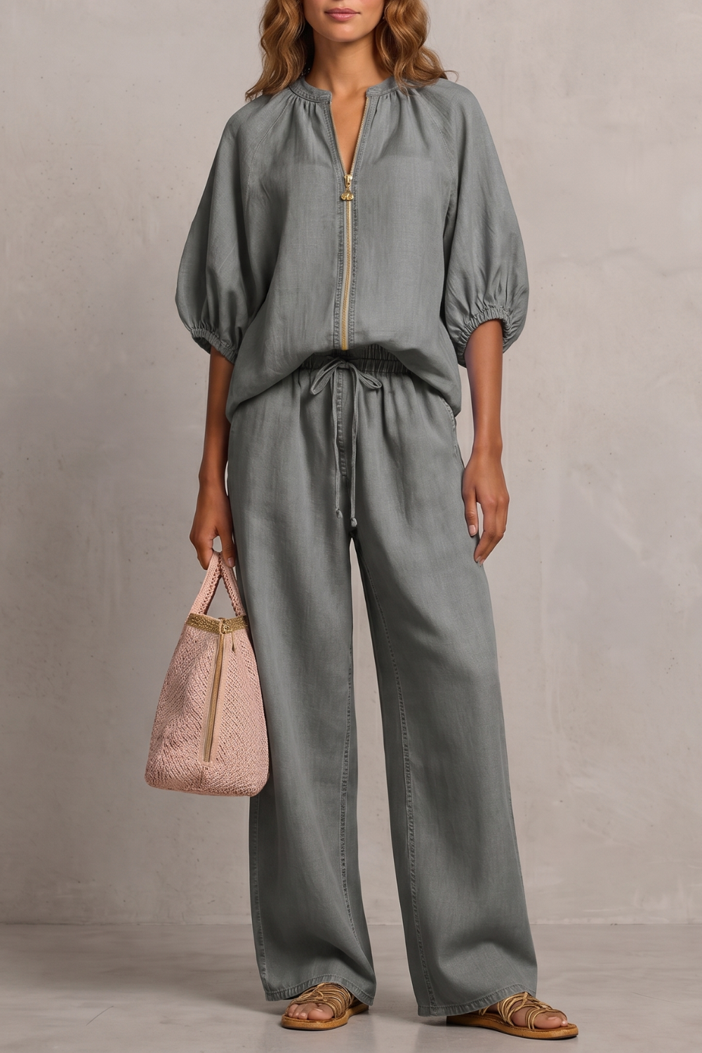 Women's Zip-Front Puff Sleeve Top and Trouser Co-ord Set - Emberlise
