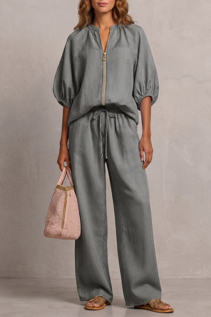 Women's Zip-Front Puff Sleeve Top and Trouser Co-ord Set - Emberlise