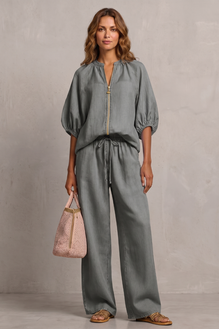 Women's Zip-Front Puff Sleeve Top and Trouser Co-ord Set - Emberlise