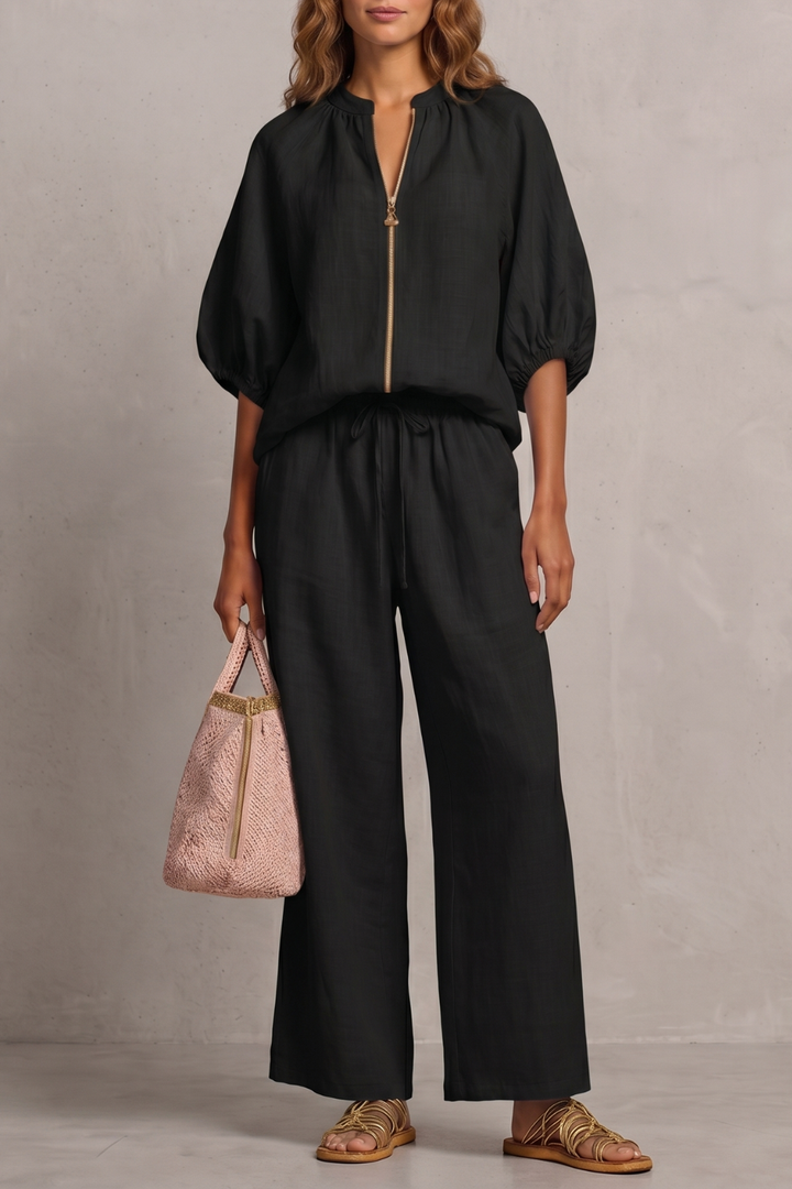 Women's Zip-Front Puff Sleeve Top and Trouser Co-ord Set - Emberlise