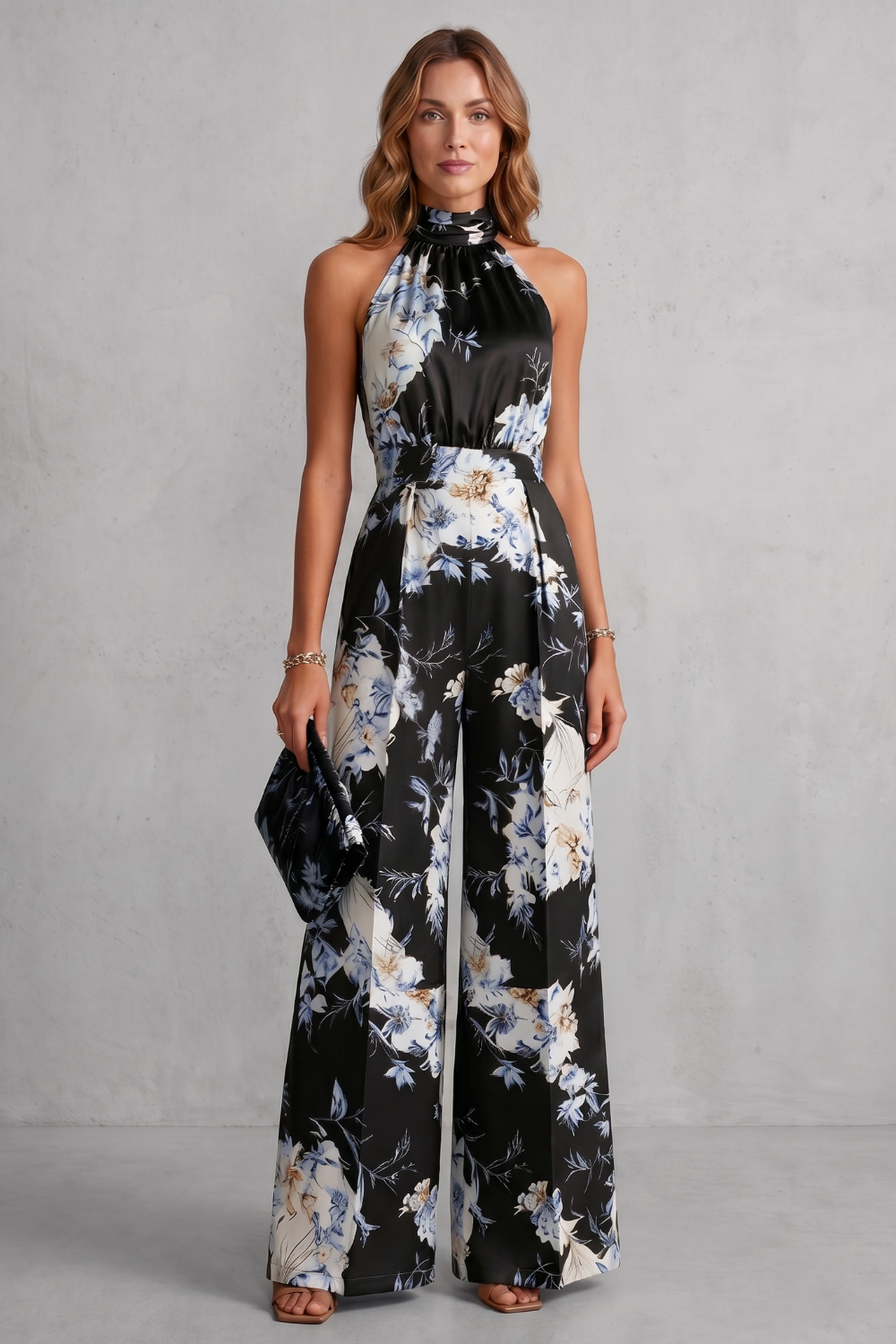 Women's Floral Halter Neck Wide Leg Jumpsuit - Karienne
