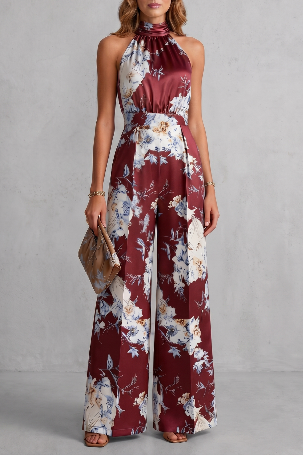 Women's Floral Halter Neck Wide Leg Jumpsuit - Karienne