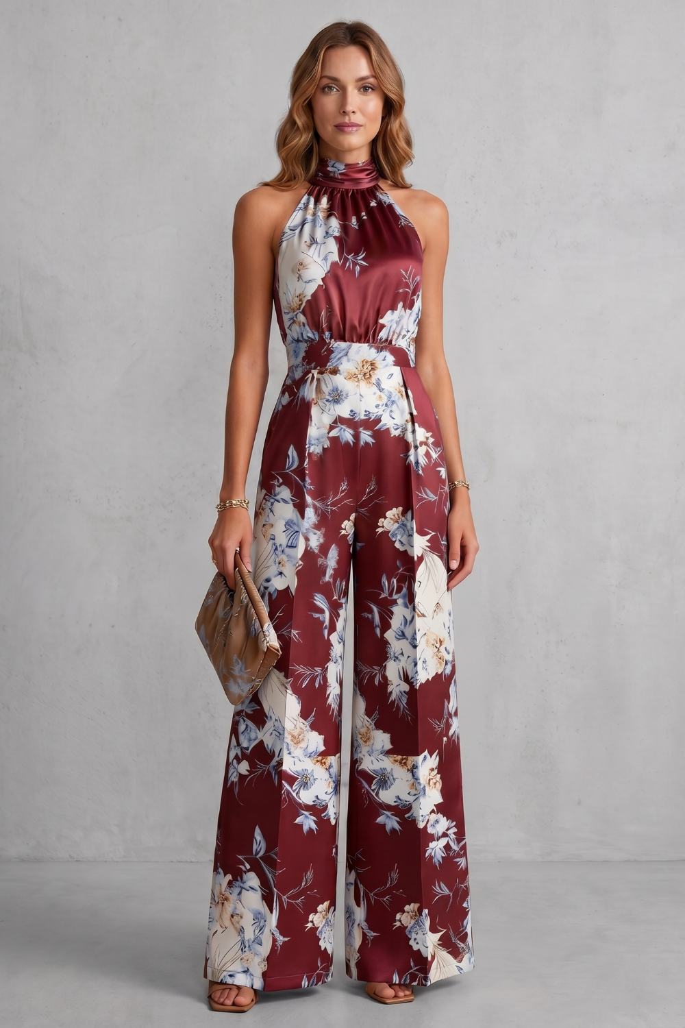 Women's Floral Halter Neck Wide Leg Jumpsuit - Karienne