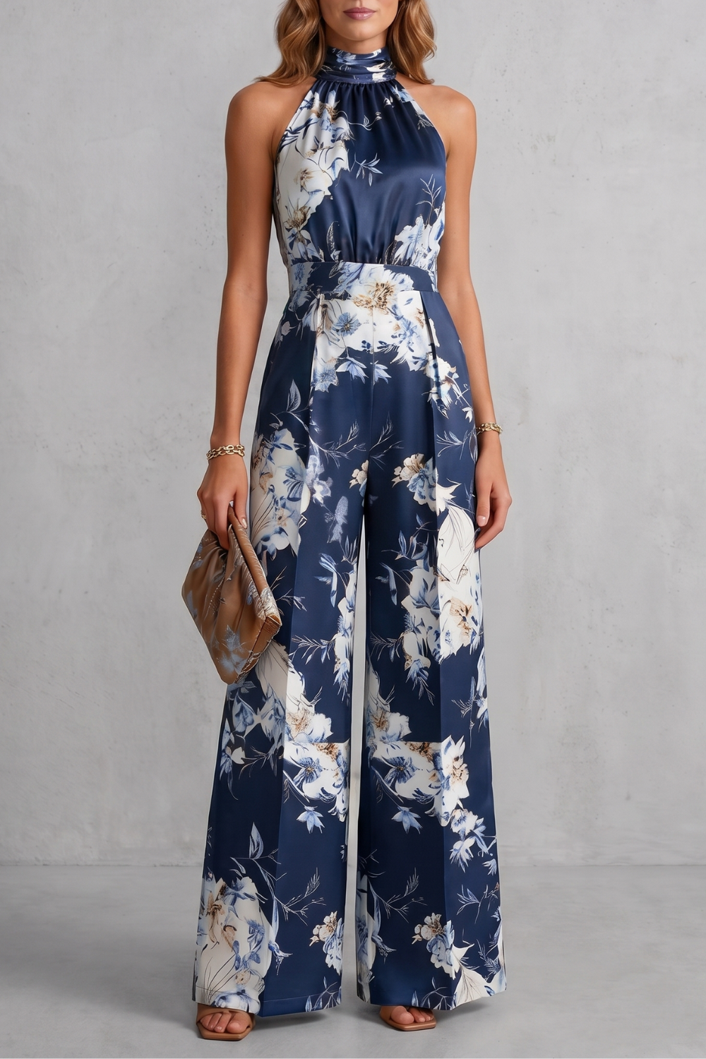 Women's Floral Halter Neck Wide Leg Jumpsuit - Karienne