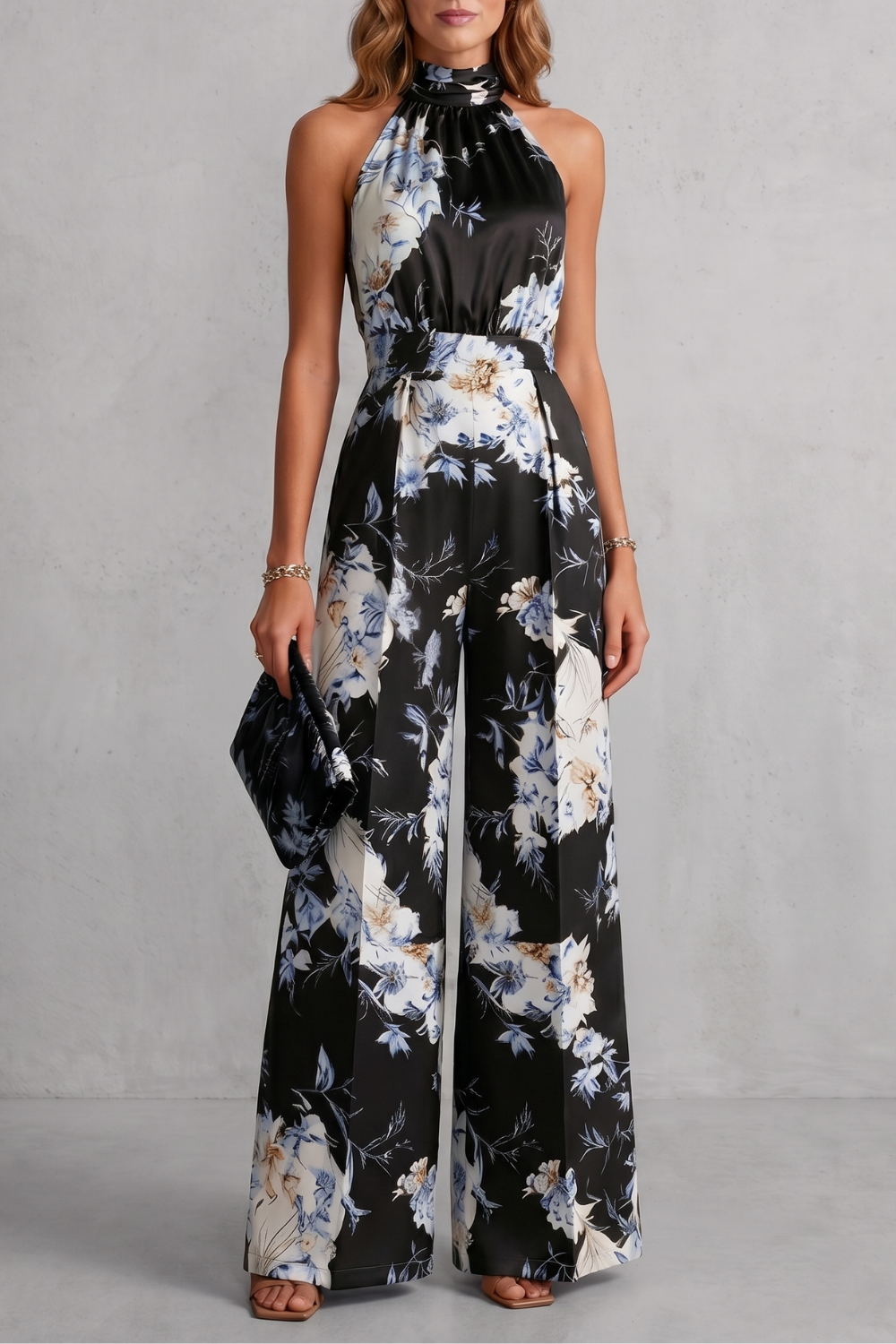 Women's Floral Halter Neck Wide Leg Jumpsuit - Karienne