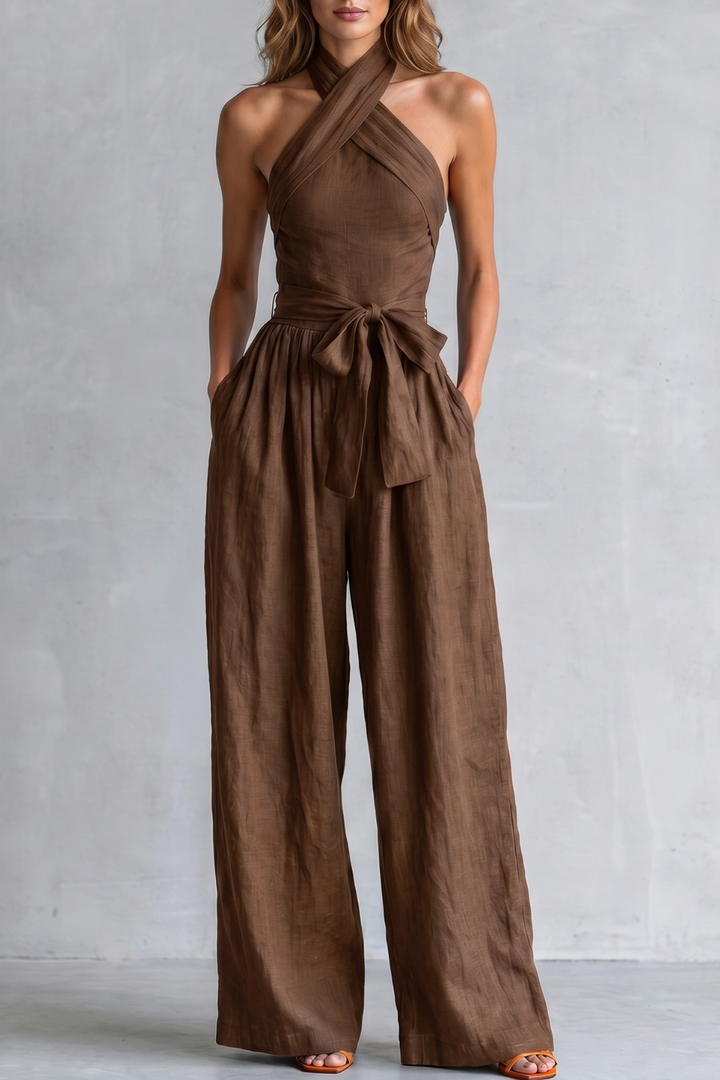 Women's Cross Halter Wide Leg Jumpsuit with Tie Waist - Javienne