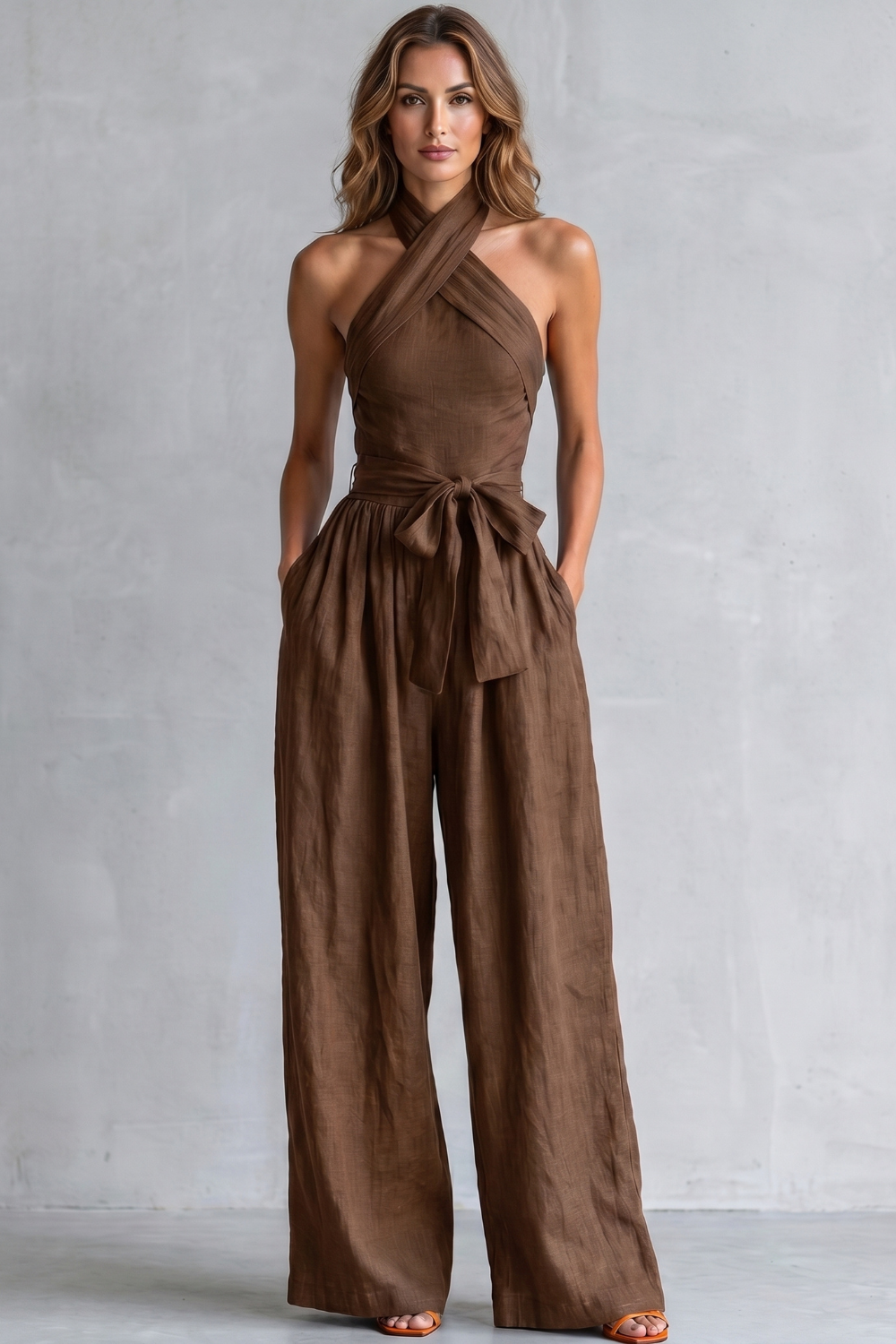 Women's Cross Halter Wide Leg Jumpsuit with Tie Waist - Javienne