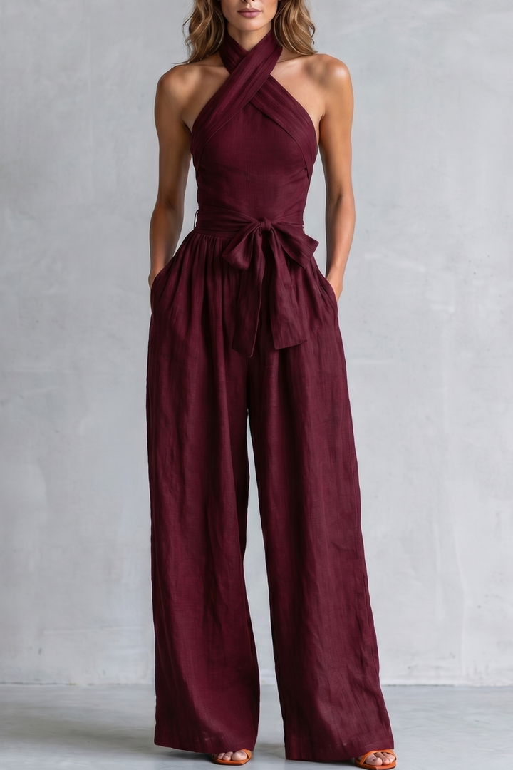 Women's Cross Halter Wide Leg Jumpsuit with Tie Waist - Javienne