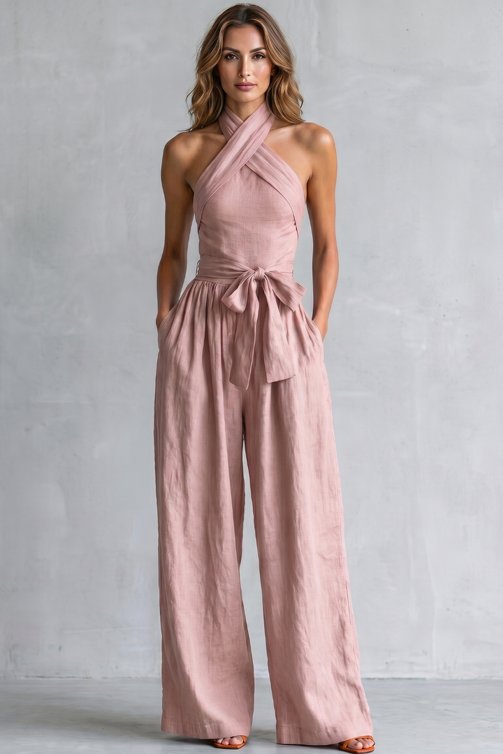 Women's Cross Halter Wide Leg Jumpsuit with Tie Waist - Javienne