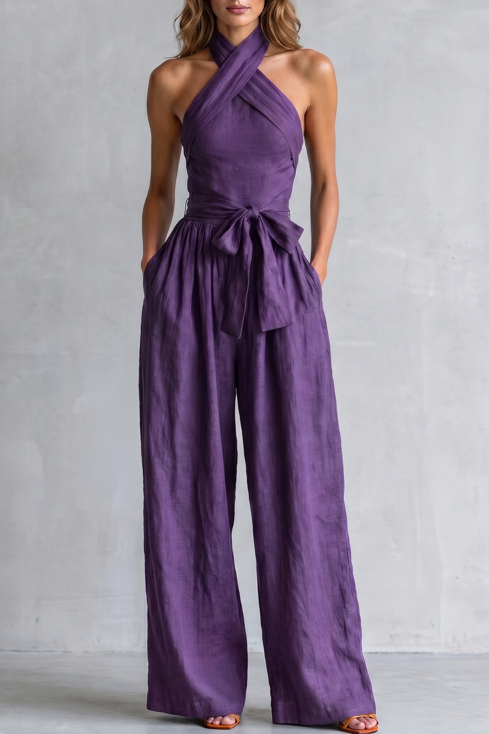 Women's Cross Halter Wide Leg Jumpsuit with Tie Waist - Javienne