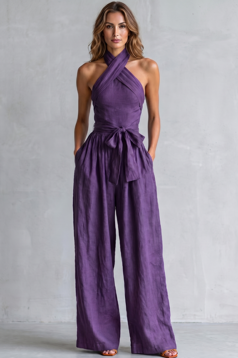 Women's Cross Halter Wide Leg Jumpsuit with Tie Waist - Javienne
