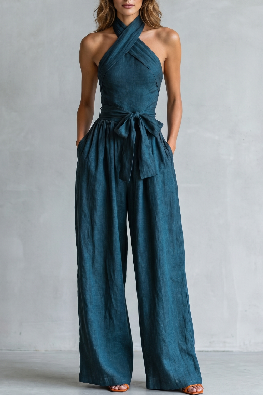 Women's Cross Halter Wide Leg Jumpsuit with Tie Waist - Javienne