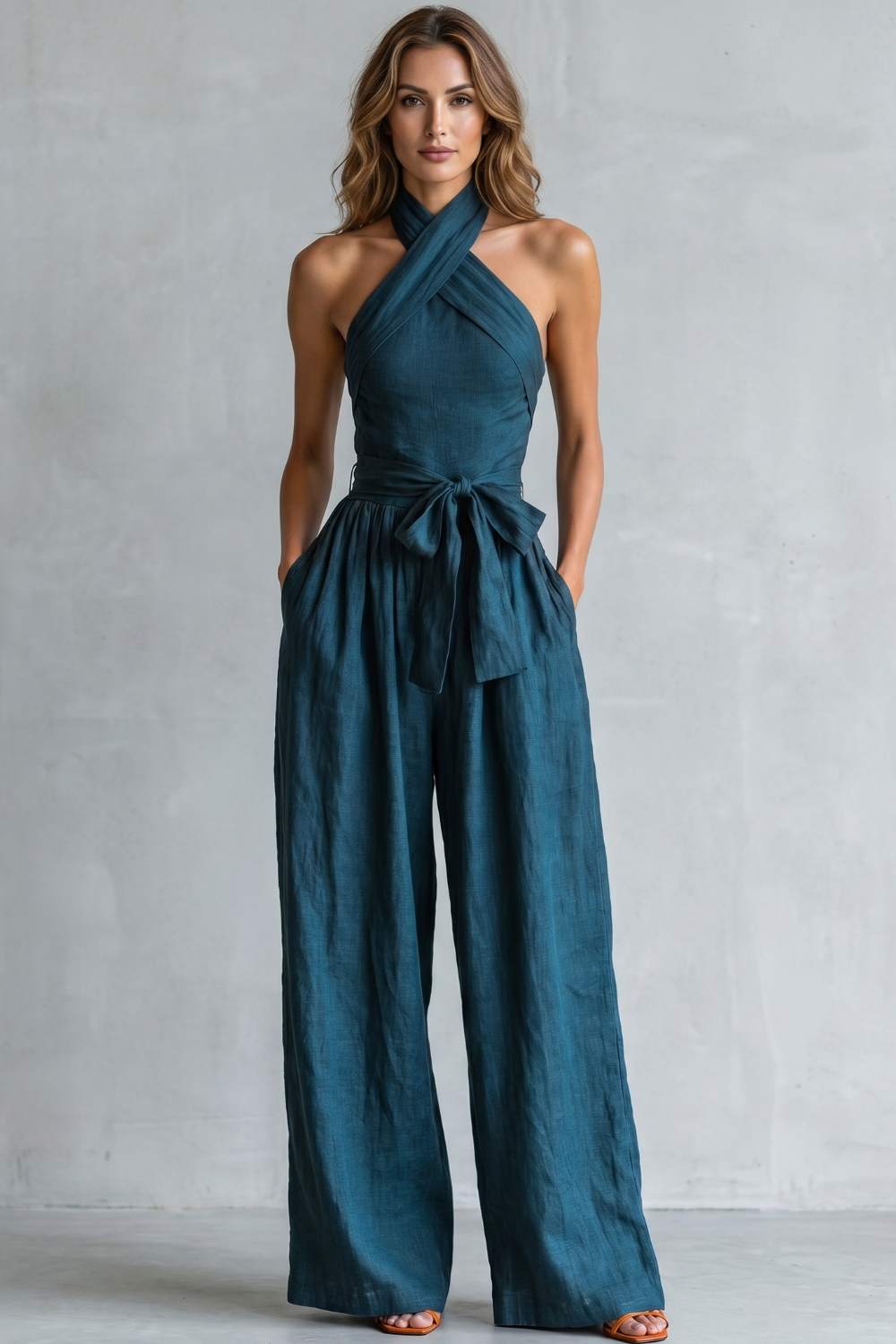 Women's Cross Halter Wide Leg Jumpsuit with Tie Waist - Javienne