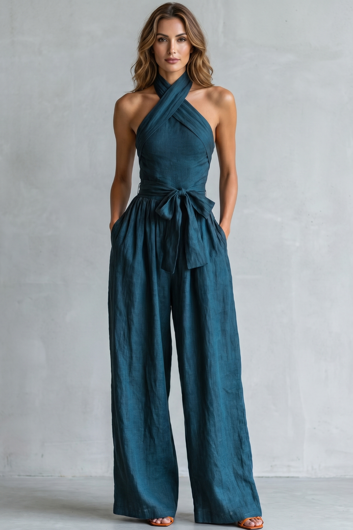 Women's Cross Halter Wide Leg Jumpsuit with Tie Waist - Javienne