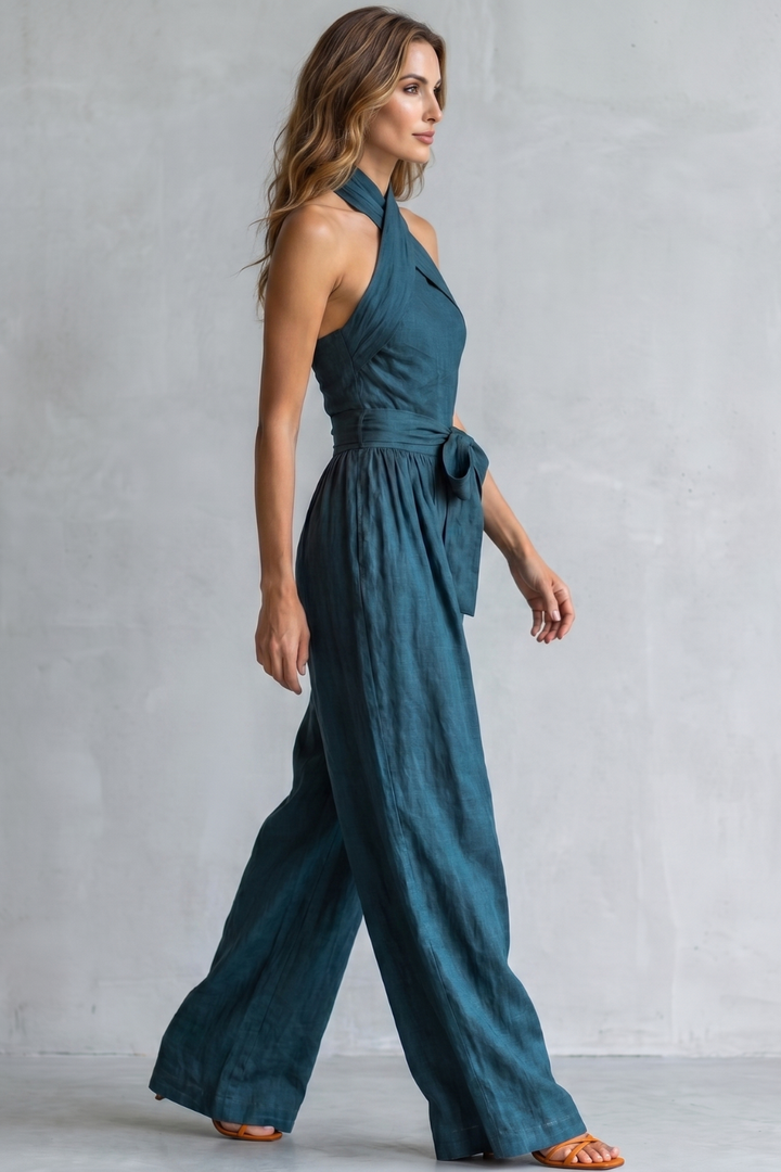 Women's Cross Halter Wide Leg Jumpsuit with Tie Waist - Javienne