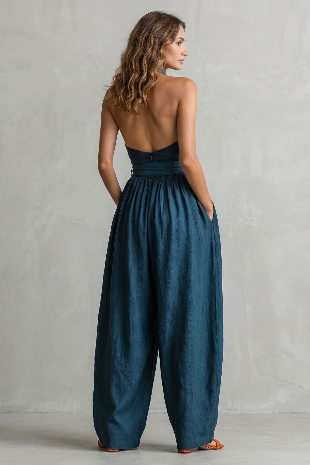 Women's Cross Halter Wide Leg Jumpsuit with Tie Waist - Javienne