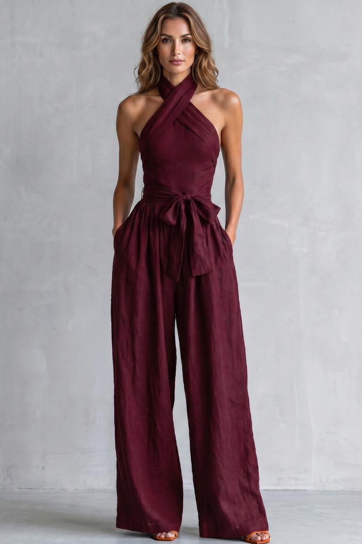 Women's Cross Halter Wide Leg Jumpsuit with Tie Waist - Javienne
