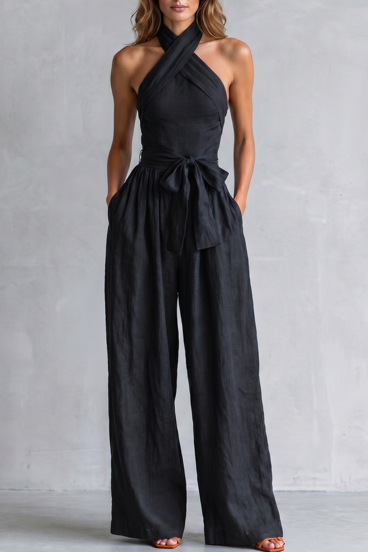Women's Cross Halter Wide Leg Jumpsuit with Tie Waist - Javienne