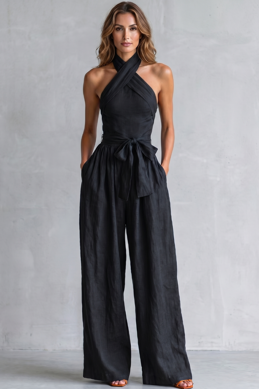 Women's Cross Halter Wide Leg Jumpsuit with Tie Waist - Javienne