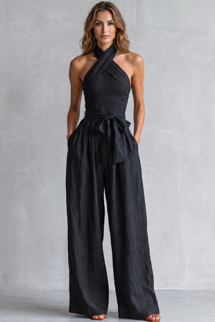 Women's Cross Halter Wide Leg Jumpsuit with Tie Waist - Javienne