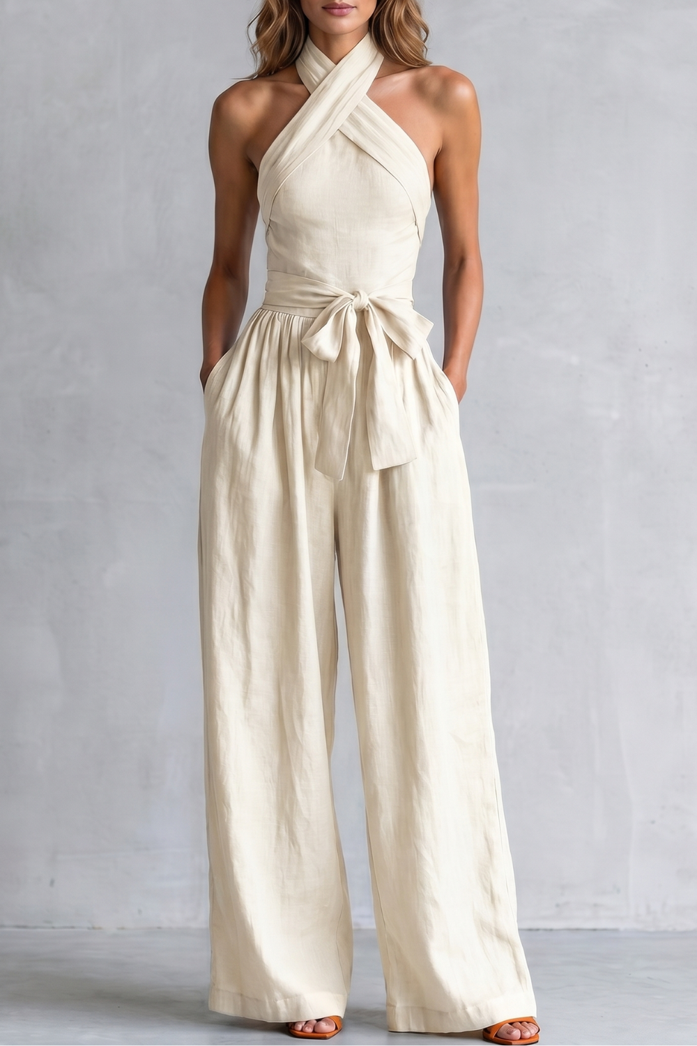Women's Cross Halter Wide Leg Jumpsuit with Tie Waist - Javienne