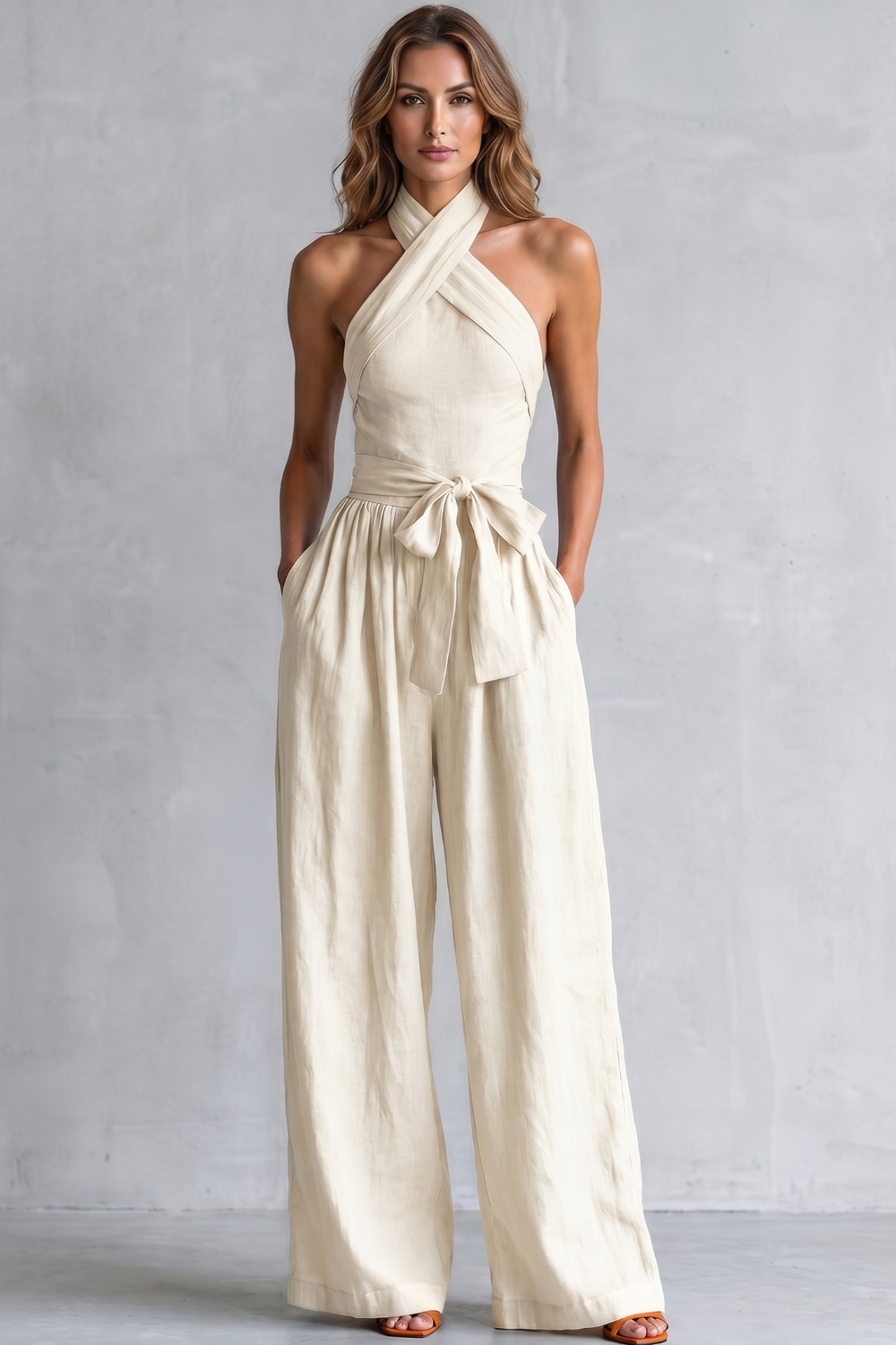 Women's Cross Halter Wide Leg Jumpsuit with Tie Waist - Javienne