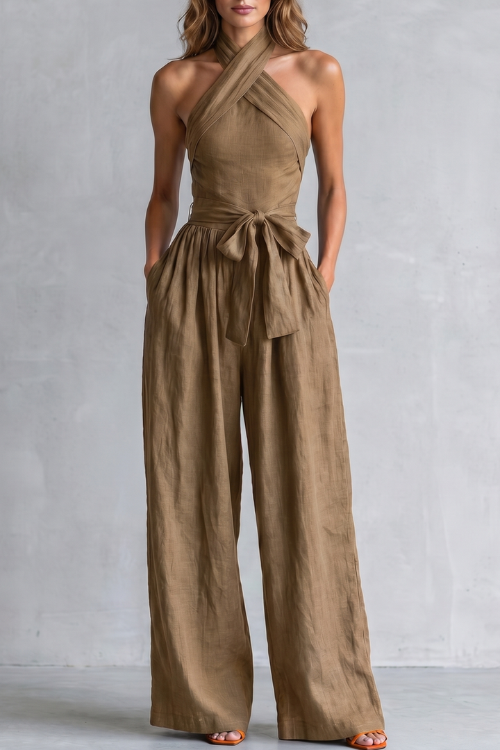 Women's Cross Halter Wide Leg Jumpsuit with Tie Waist - Javienne