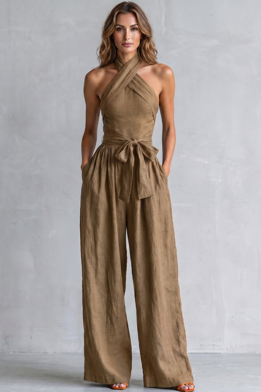 Women's Cross Halter Wide Leg Jumpsuit with Tie Waist - Javienne