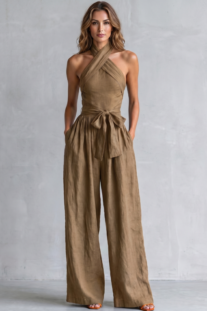 Women's Cross Halter Wide Leg Jumpsuit with Tie Waist - Javienne