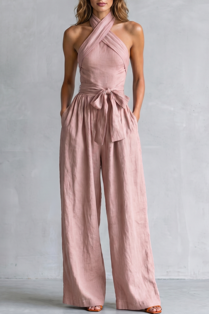 Women's Cross Halter Wide Leg Jumpsuit with Tie Waist - Javienne