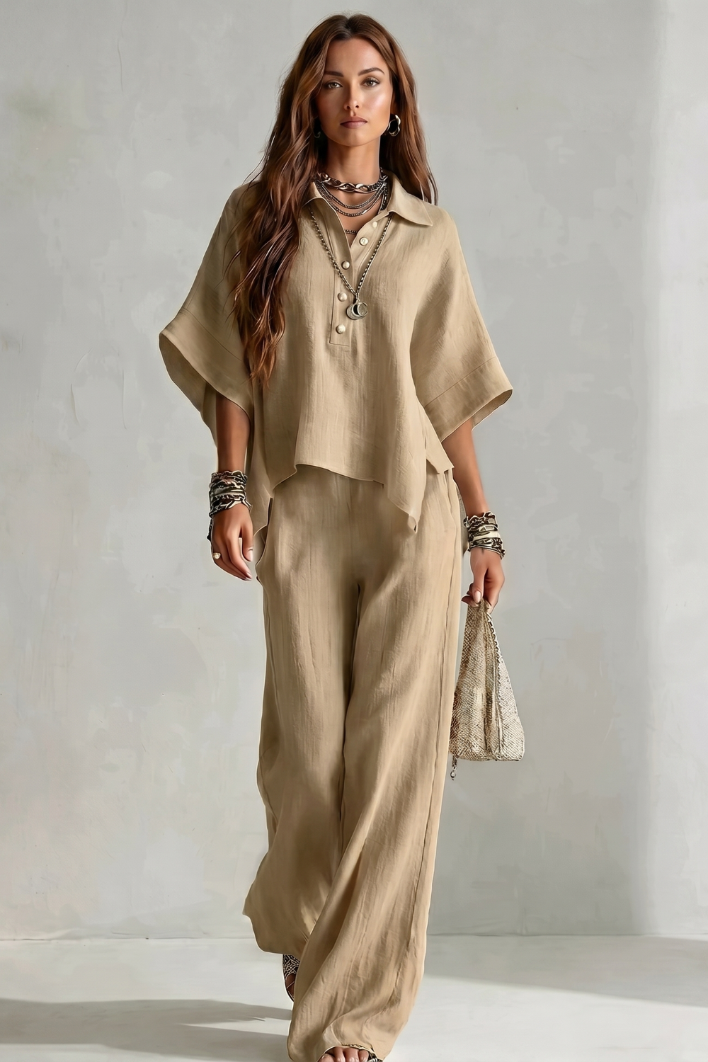 Women's Short Sleeve Shirt and Wide Leg Trouser Set - Cerielle