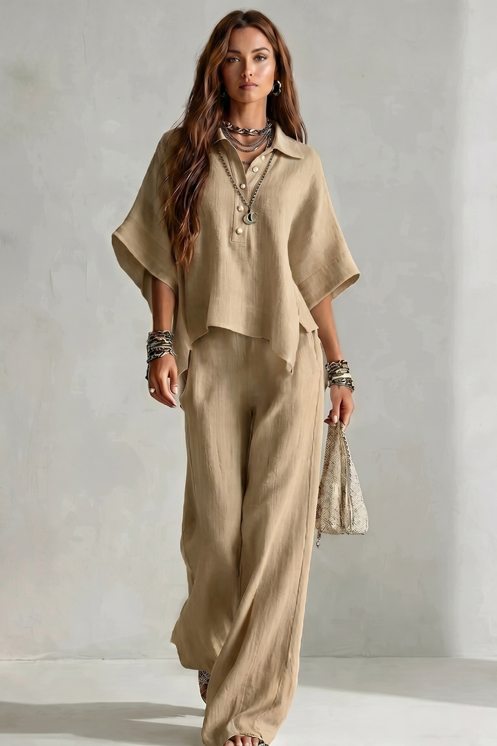 Women's Short Sleeve Shirt and Wide Leg Trouser Set - Cerielle