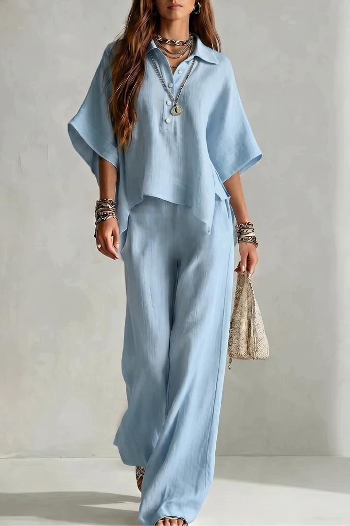 Women's Short Sleeve Shirt and Wide Leg Trouser Set - Cerielle