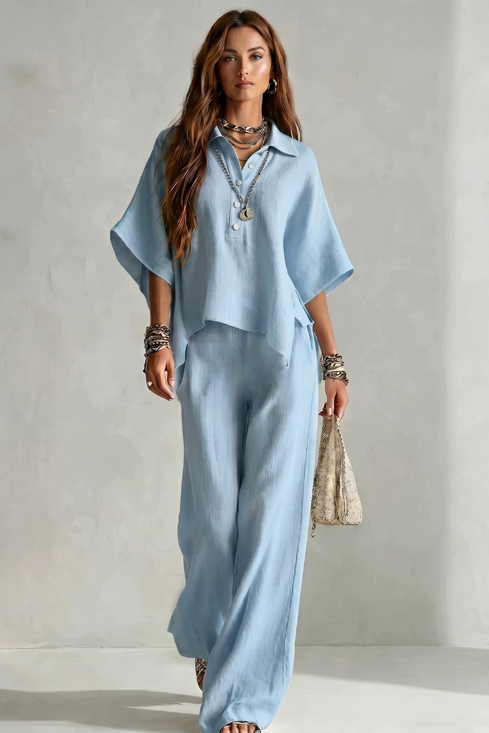Women's Short Sleeve Shirt and Wide Leg Trouser Set - Cerielle