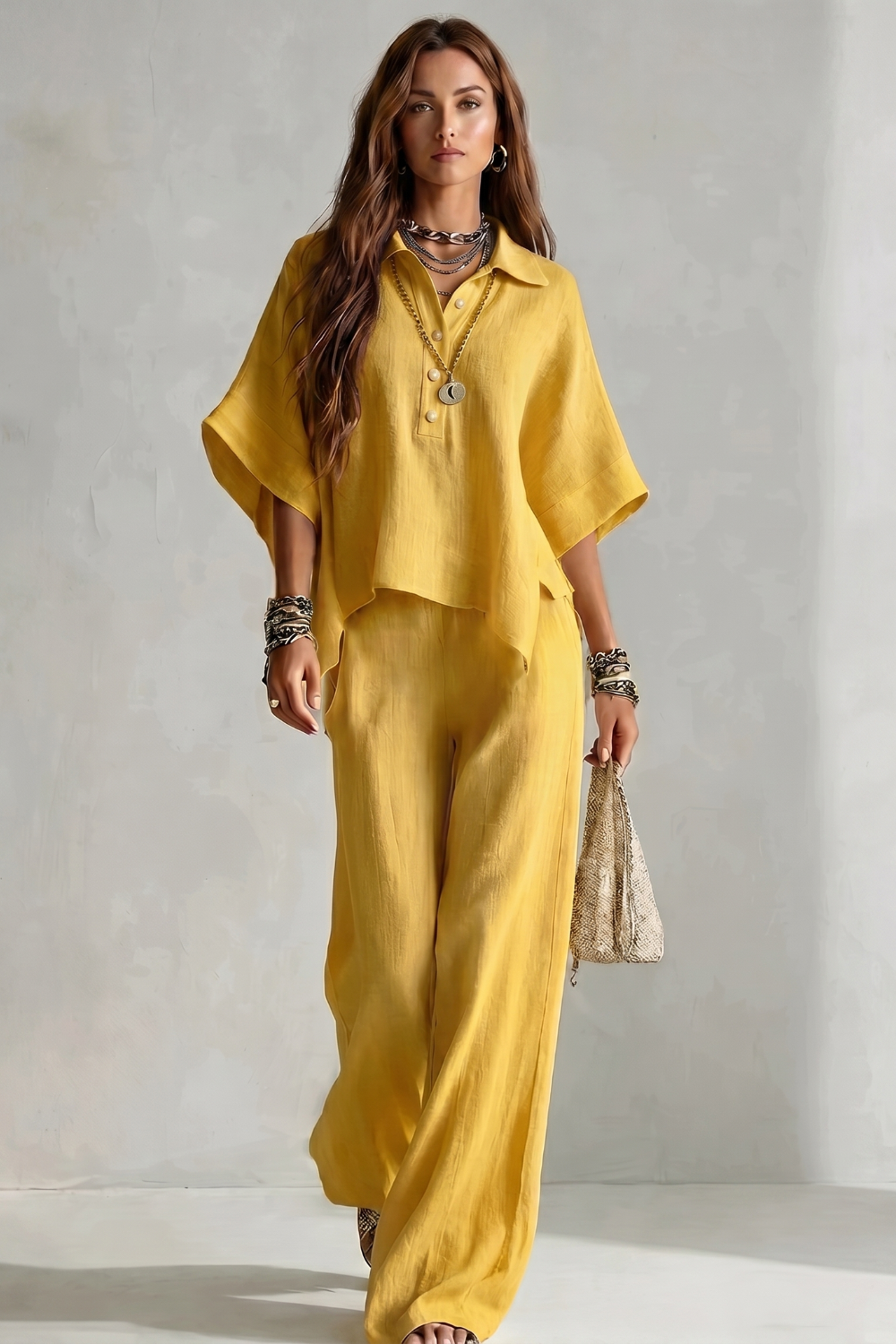 Women's Short Sleeve Shirt and Wide Leg Trouser Set - Cerielle