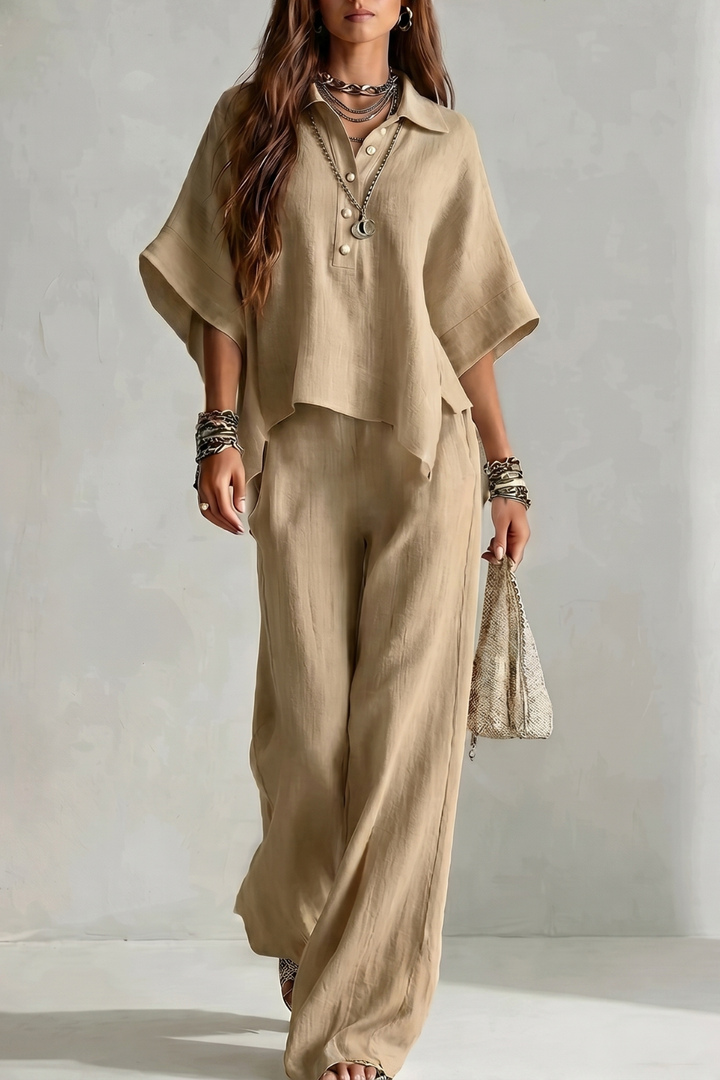 Women's Short Sleeve Shirt and Wide Leg Trouser Set - Cerielle