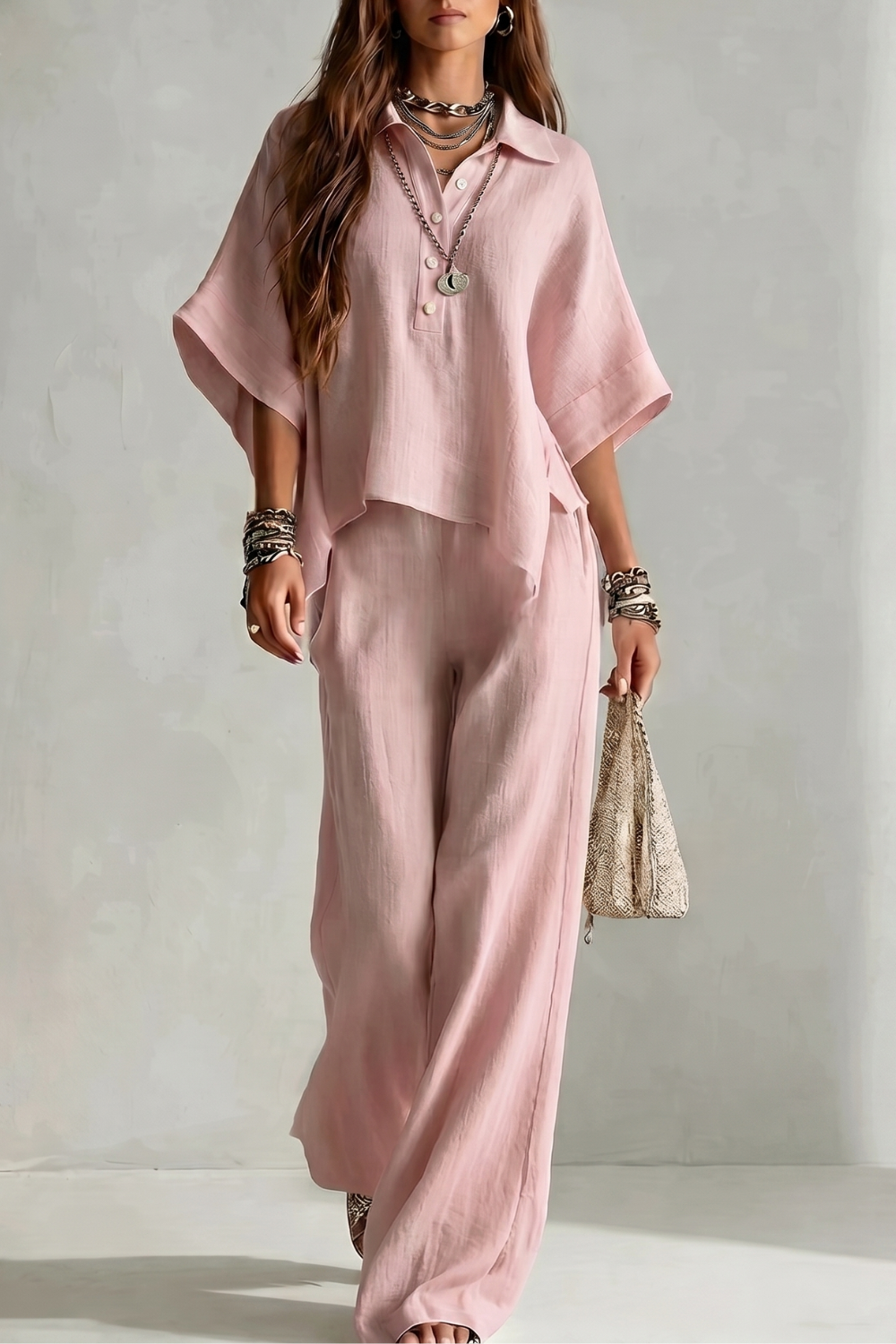 Women's Short Sleeve Shirt and Wide Leg Trouser Set - Cerielle
