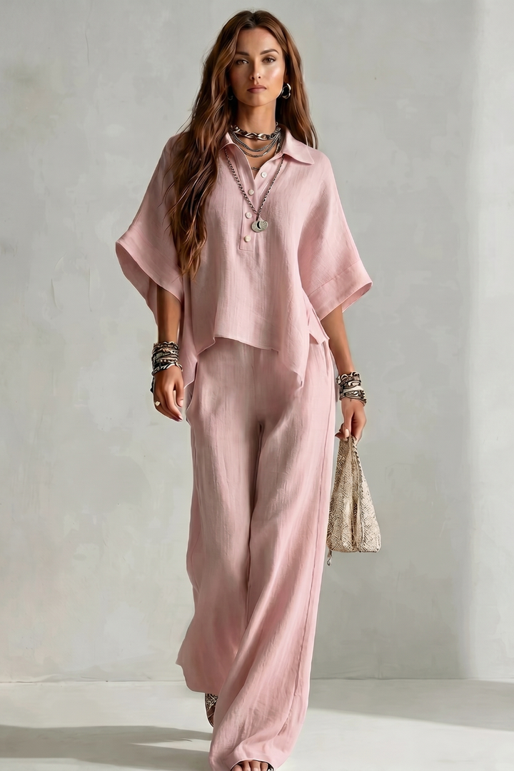 Women's Short Sleeve Shirt and Wide Leg Trouser Set - Cerielle