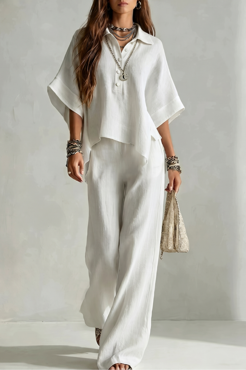 Women's Short Sleeve Shirt and Wide Leg Trouser Set - Cerielle