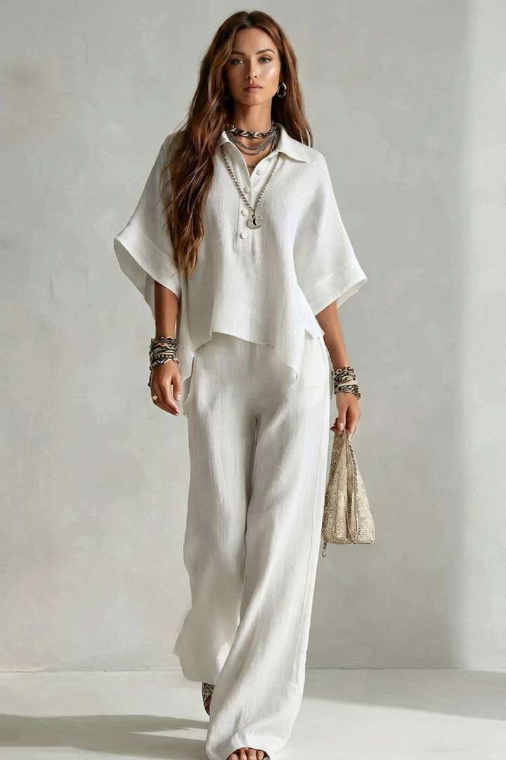 Women's Short Sleeve Shirt and Wide Leg Trouser Set - Cerielle