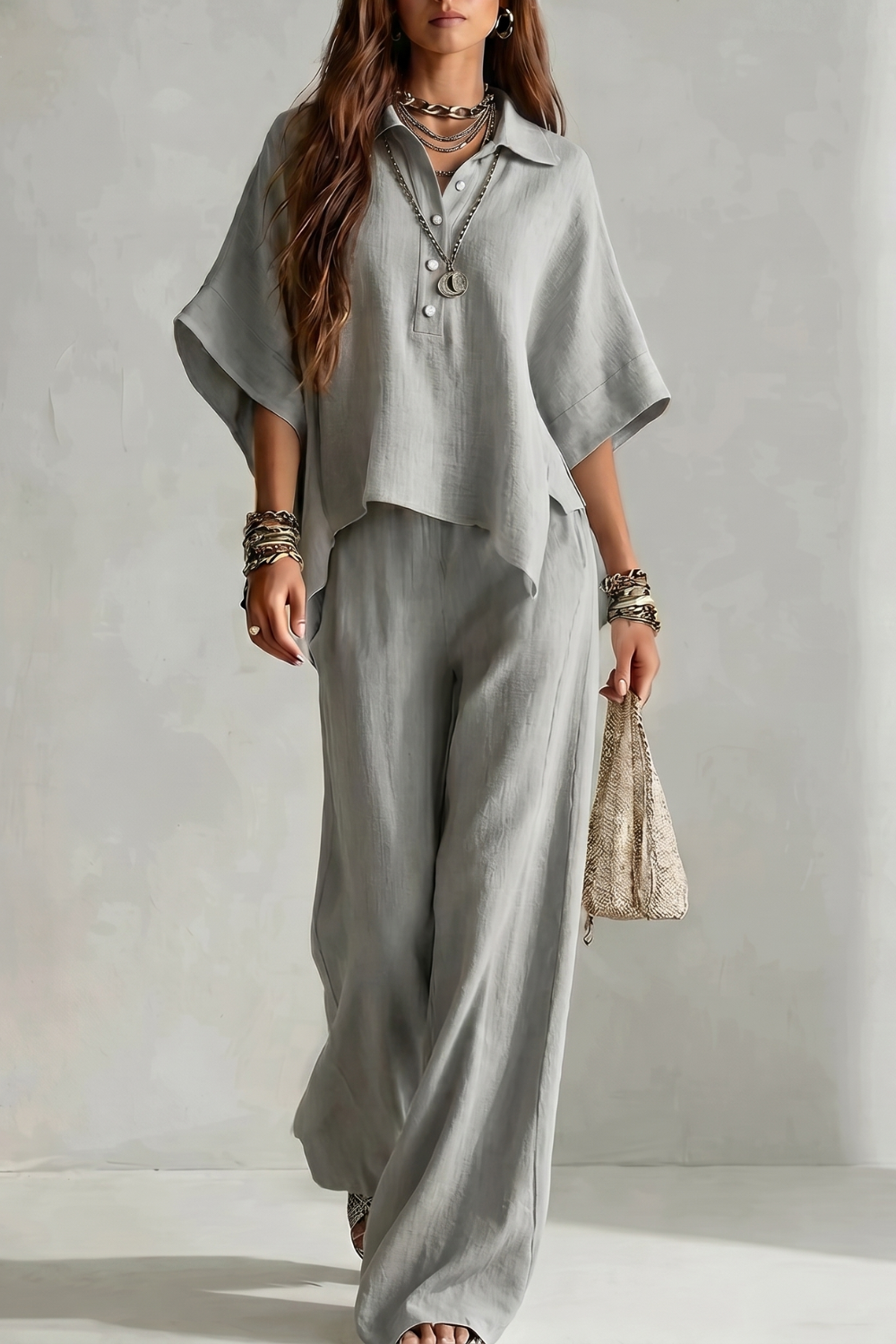 Women's Short Sleeve Shirt and Wide Leg Trouser Set - Cerielle