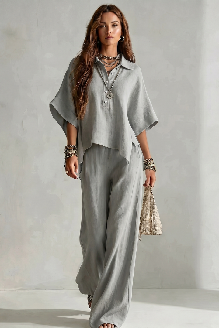 Women's Short Sleeve Shirt and Wide Leg Trouser Set - Cerielle