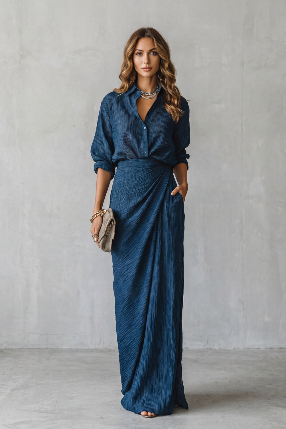 Women's Pleated Blouse and Maxi Skirt Co-ord Set - Drusienne