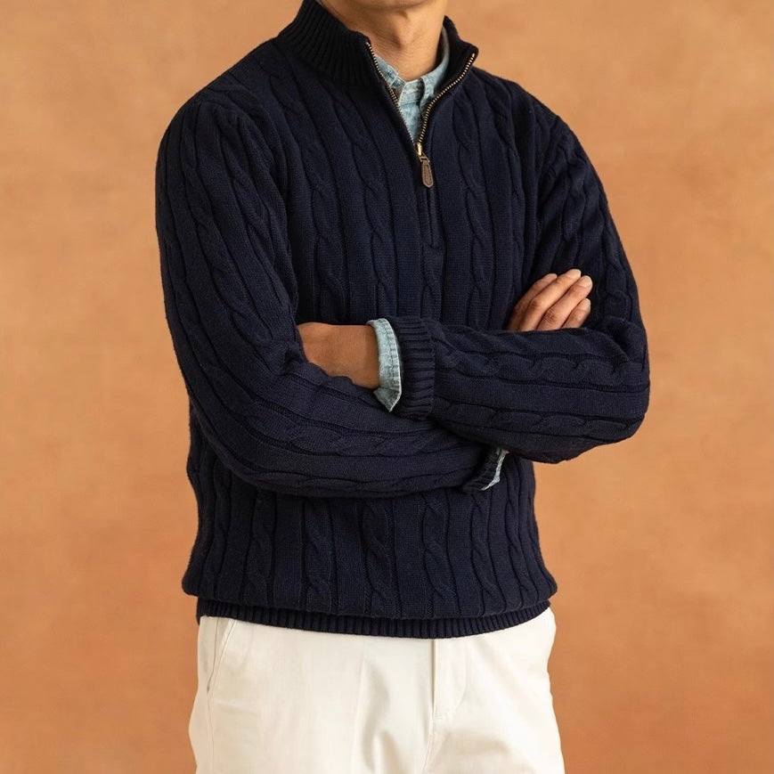 Men's Cable Knit Quarter Zip Jumper – Axiom in Navy, arms crossed view