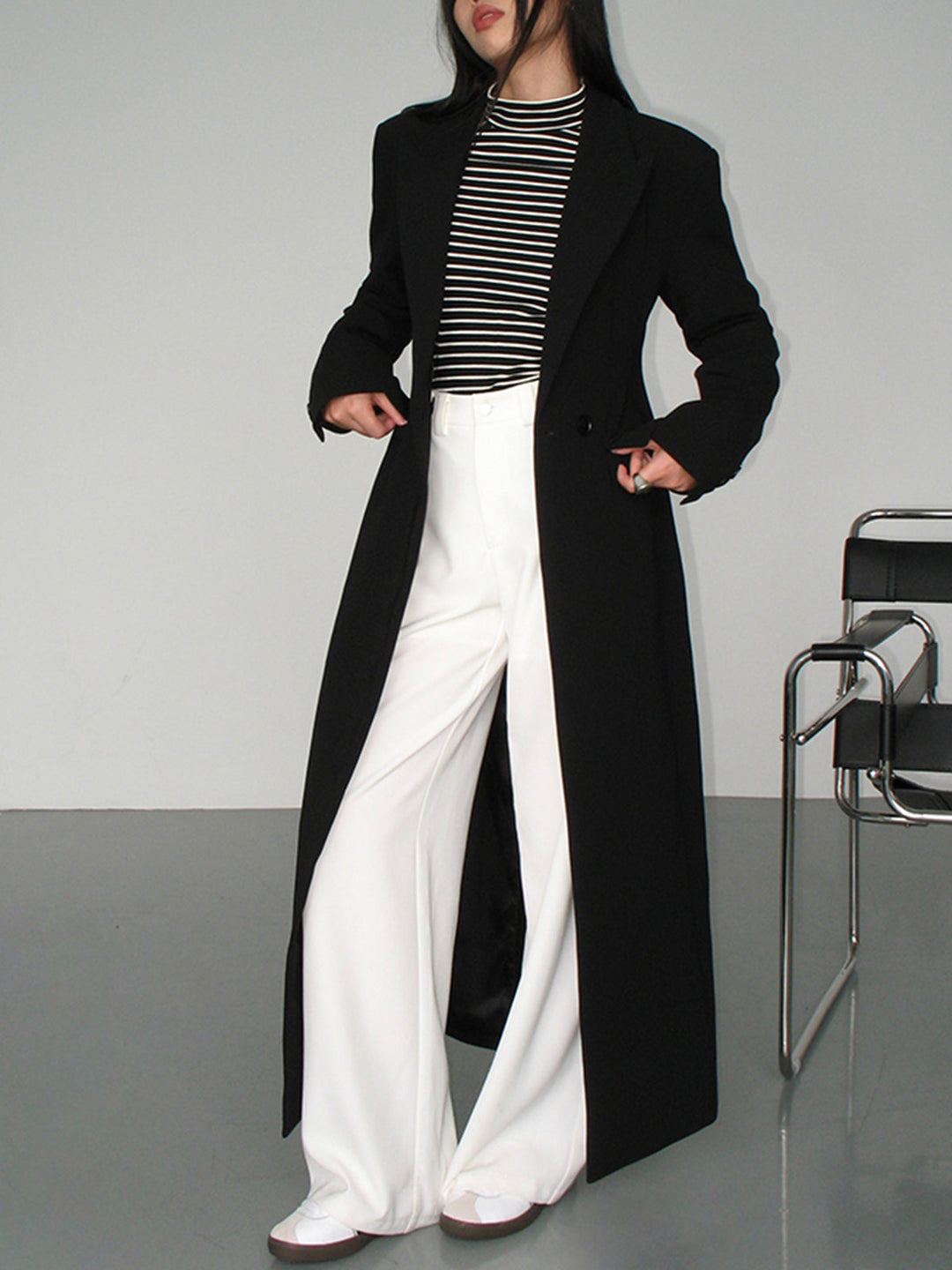 Women's black long coat Petra in Black – full-length view