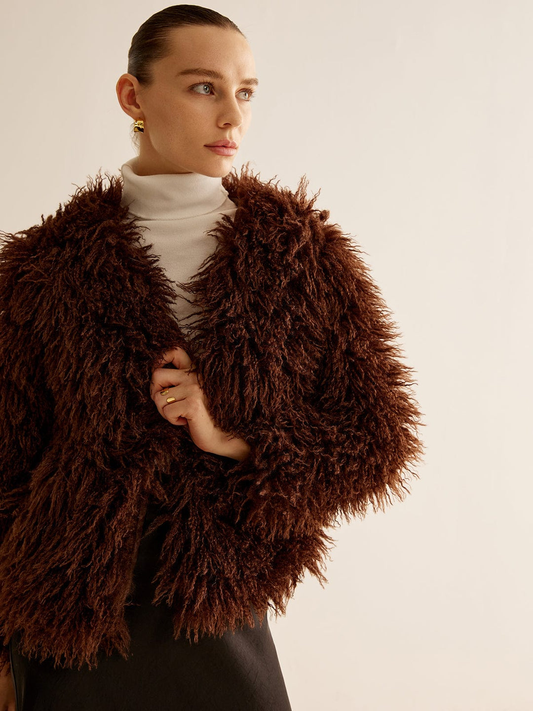 Women's faux fur jacket Nettie in Brown – styled front view