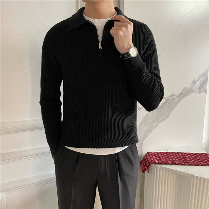 Men's waffle knit half zip polo jumper in black – Sylar – adjusting the collar