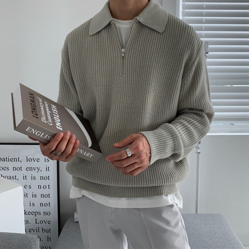 Men's Half Zip Polo Jumper – Ender in Grey, lifestyle view